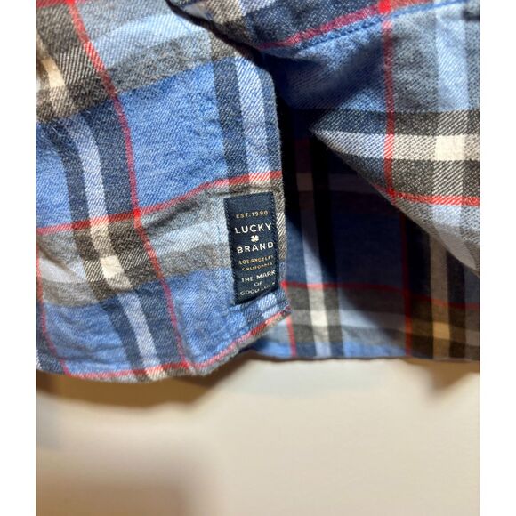 Lucky Brand Men’s Small Flannel Shirt – Blue Gray Red Plaid Long Sleeve Button - Picture 4 of 5